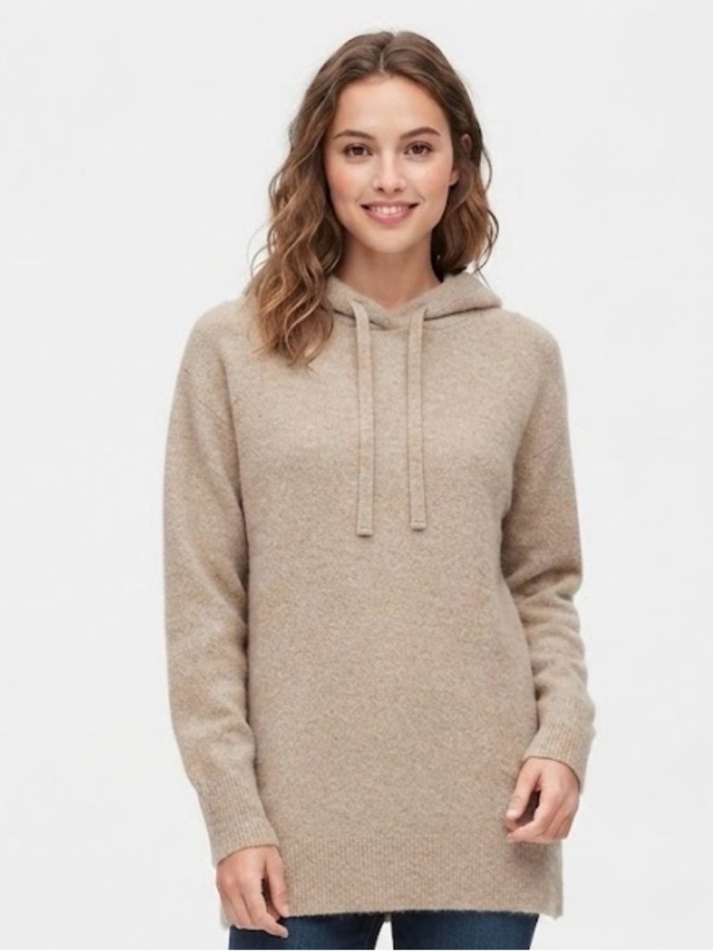 Uniqlo wool blended Longline Hooded Sweater - Beige size Medium